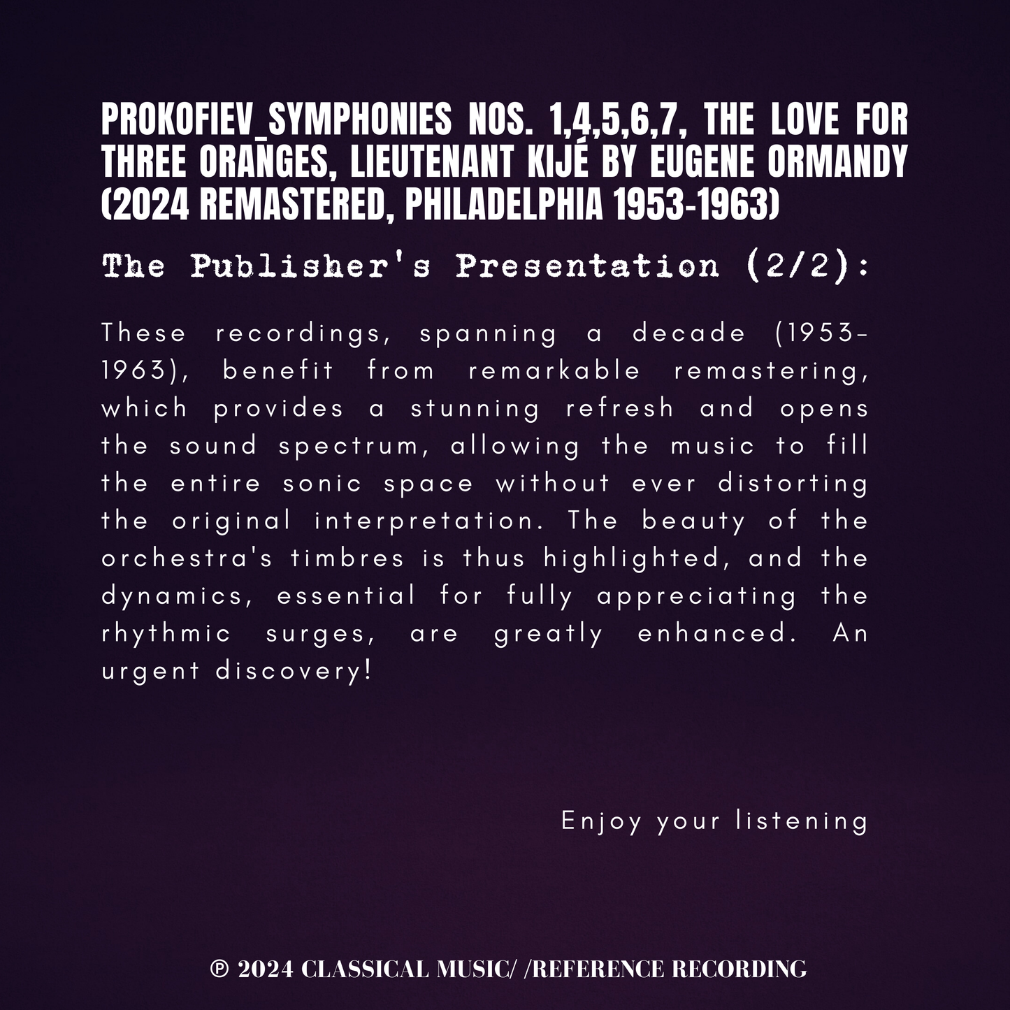 Prokofiev: Symphonies Nos. 1,4,5,6,7, The Love for Three Oranges, Lieutenant Kijé by Eugene Ormandy (2024 Remastered, Philadelphia 1953-1963)