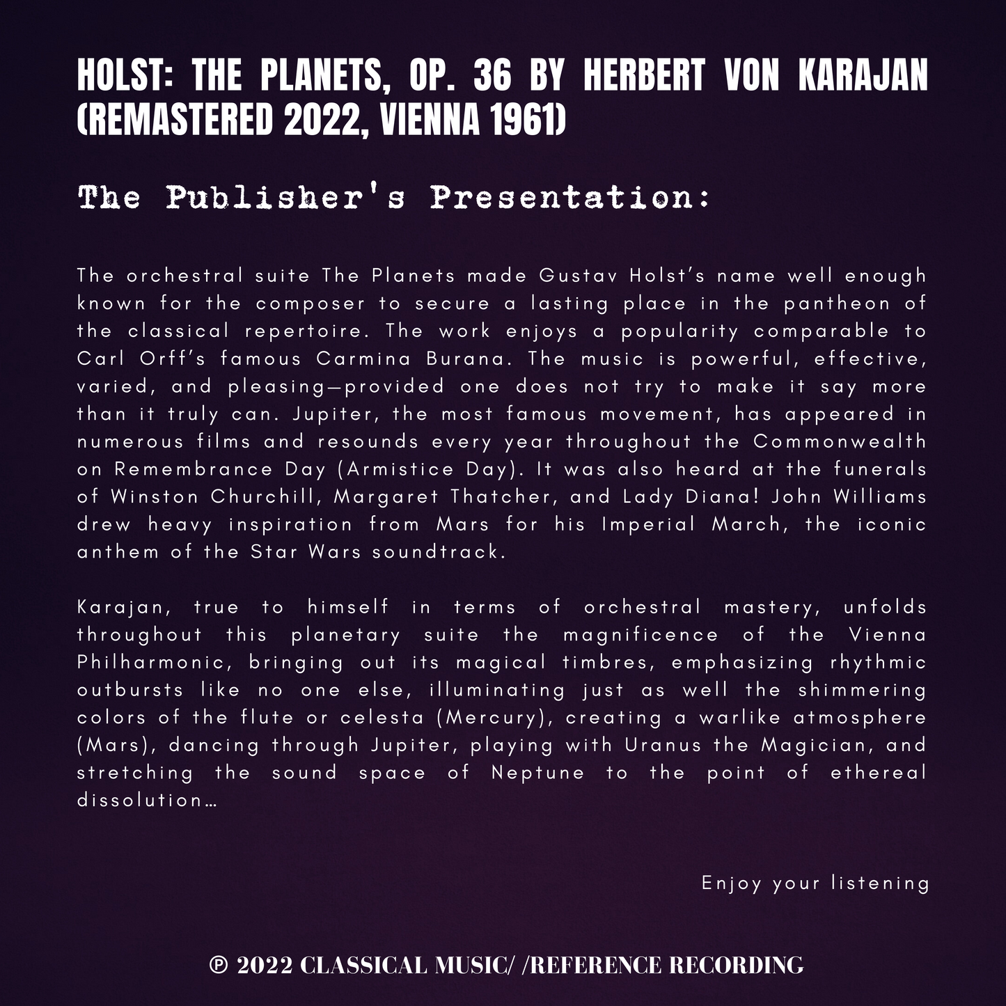 Holst: The Planets, Op. 36 by Herbert von Karajan (2022 Remastered, Vienna 1961)
