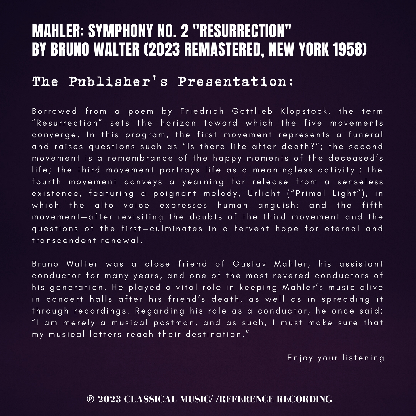 Mahler: Symphony No. 2 "Resurrection" by Bruno Walter (2023 Remastered, New York 1958)