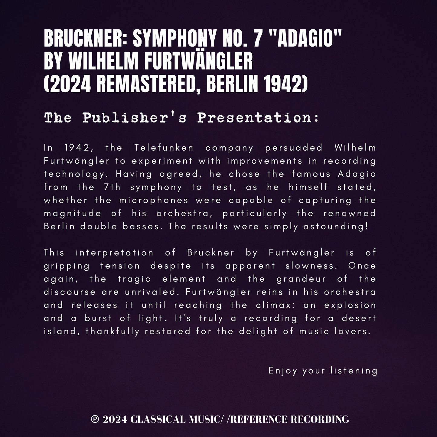 Bruckner: Symphony No. 7 "Adagio" by Wilhelm Furtwängler (2024 Remastered, Berlin 1942)