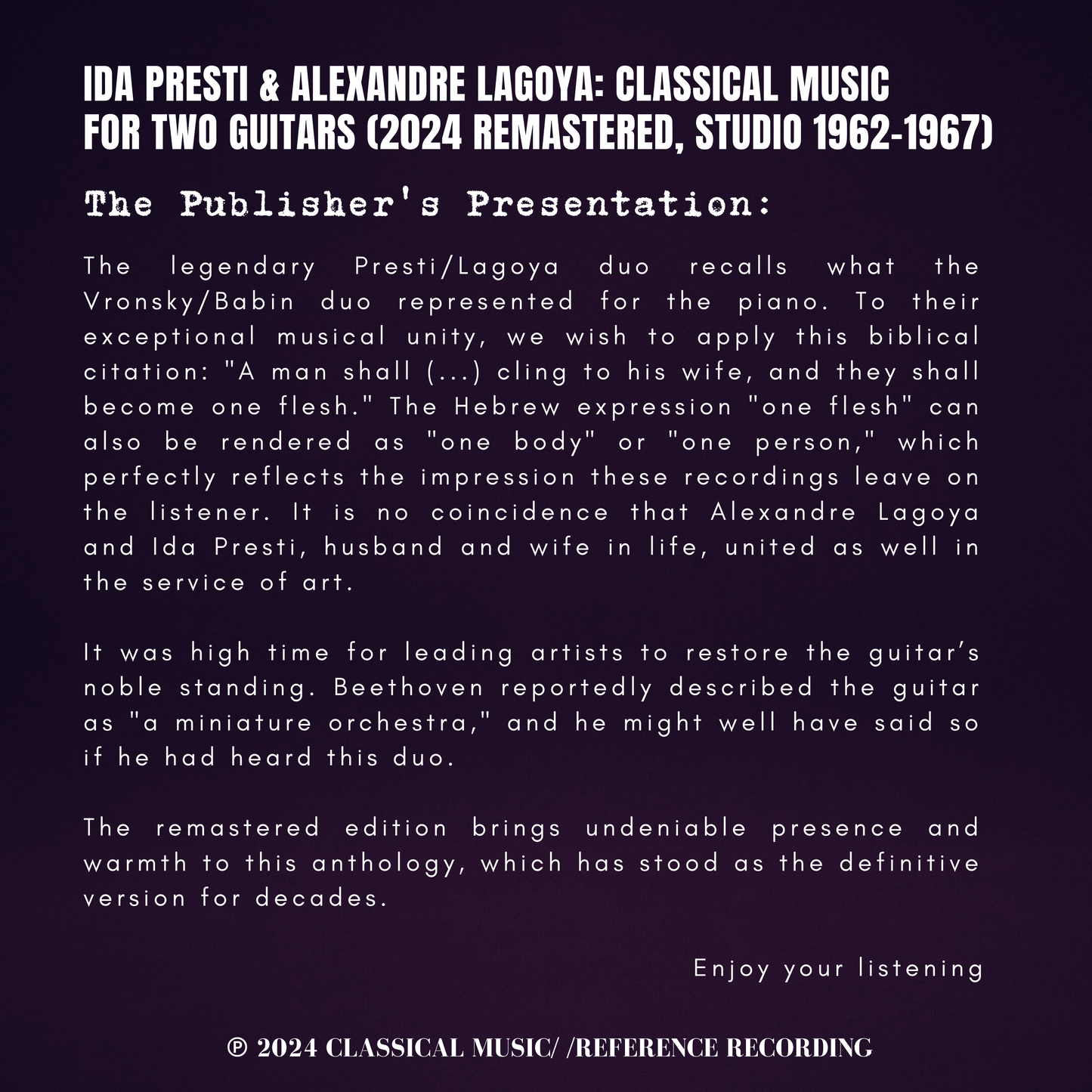 Ida Presti & Alexandre Lagoya: Classical Music for two Guitars (2024 Remastered, Studio 1962-1967)