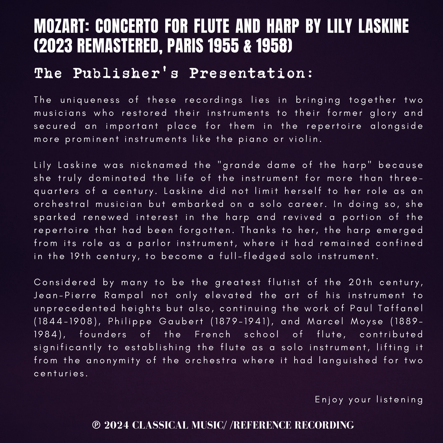 Mozart: Concerto For Flute And Harp By Lily Laskine (2023 Remastered, Paris 1955 & 1958)