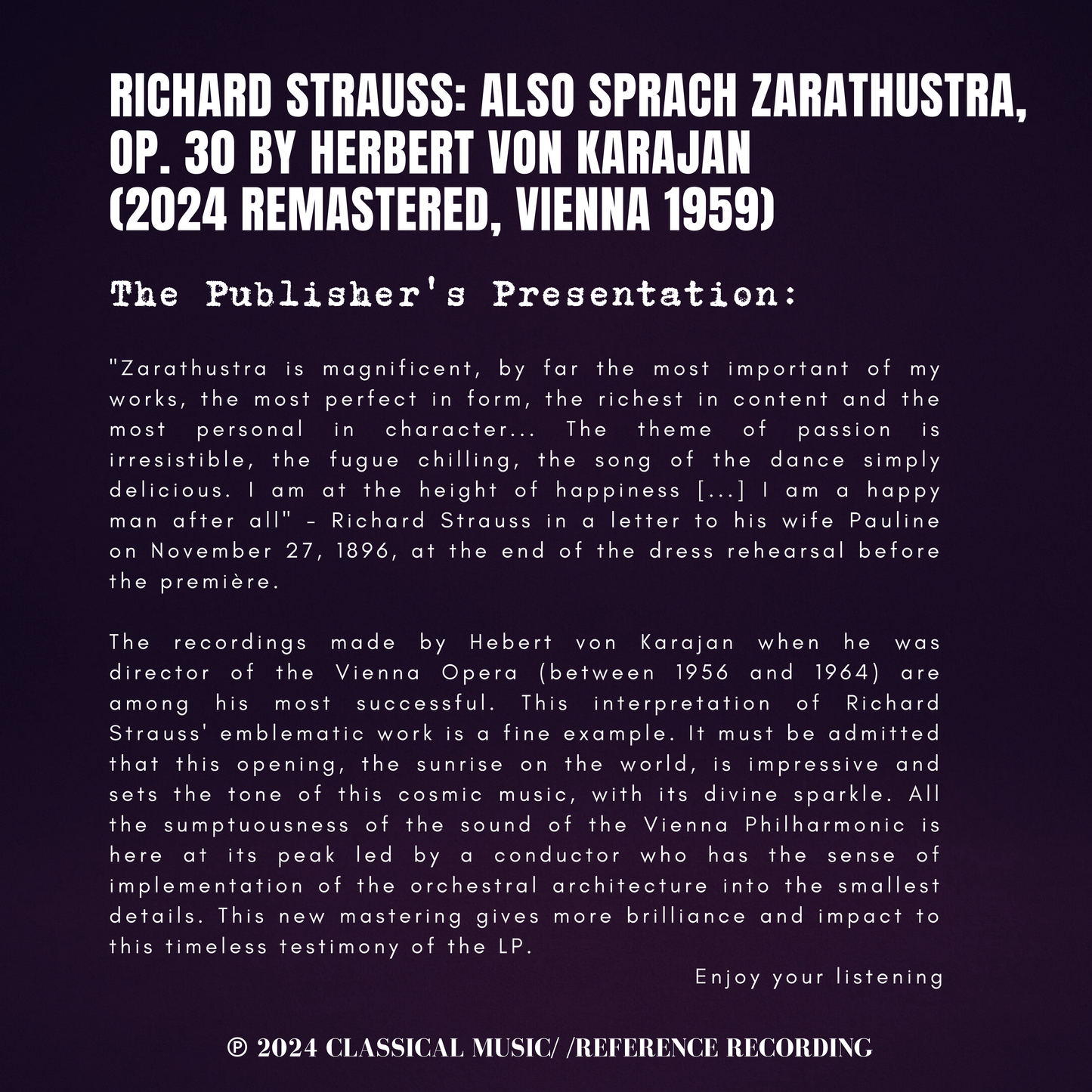 Richard Strauss: Also Sprach Zarathustra, Op. 30 by Herbert von Karajan (2024 Remastered, Vienna 1959)