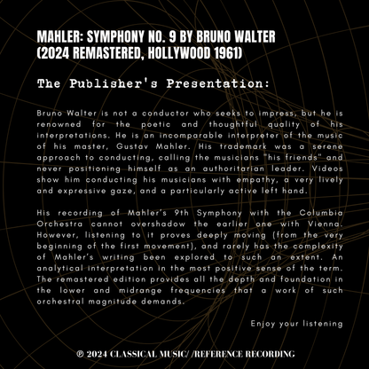 Mahler: Symphony No. 9 by Bruno Walter (2024 Remastered, Hollywood 1961)