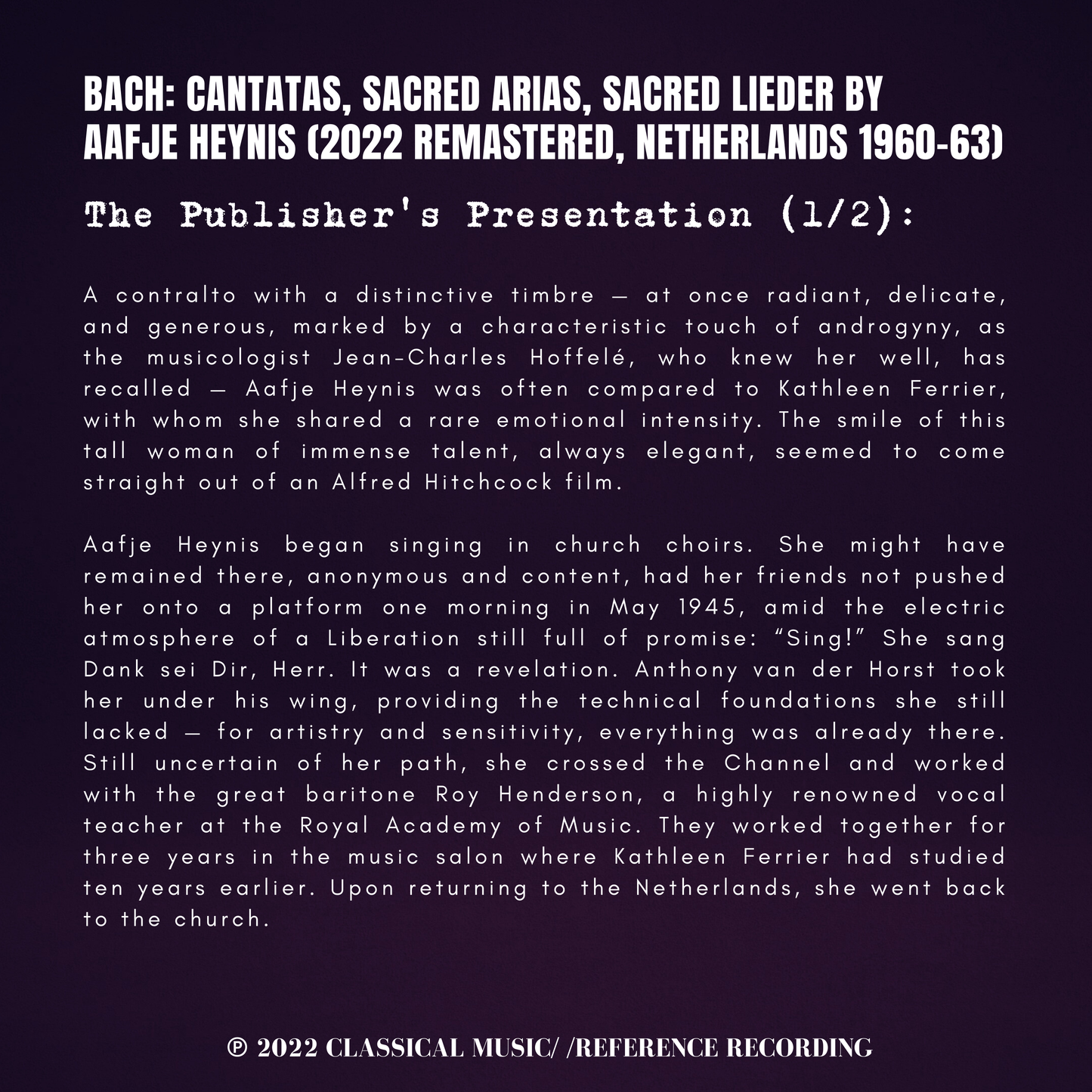 Bach: Cantatas, Sacred Arias, Sacred Lieder by Aafje Heynis (2022 Remastered, Netherlands 1960-63)