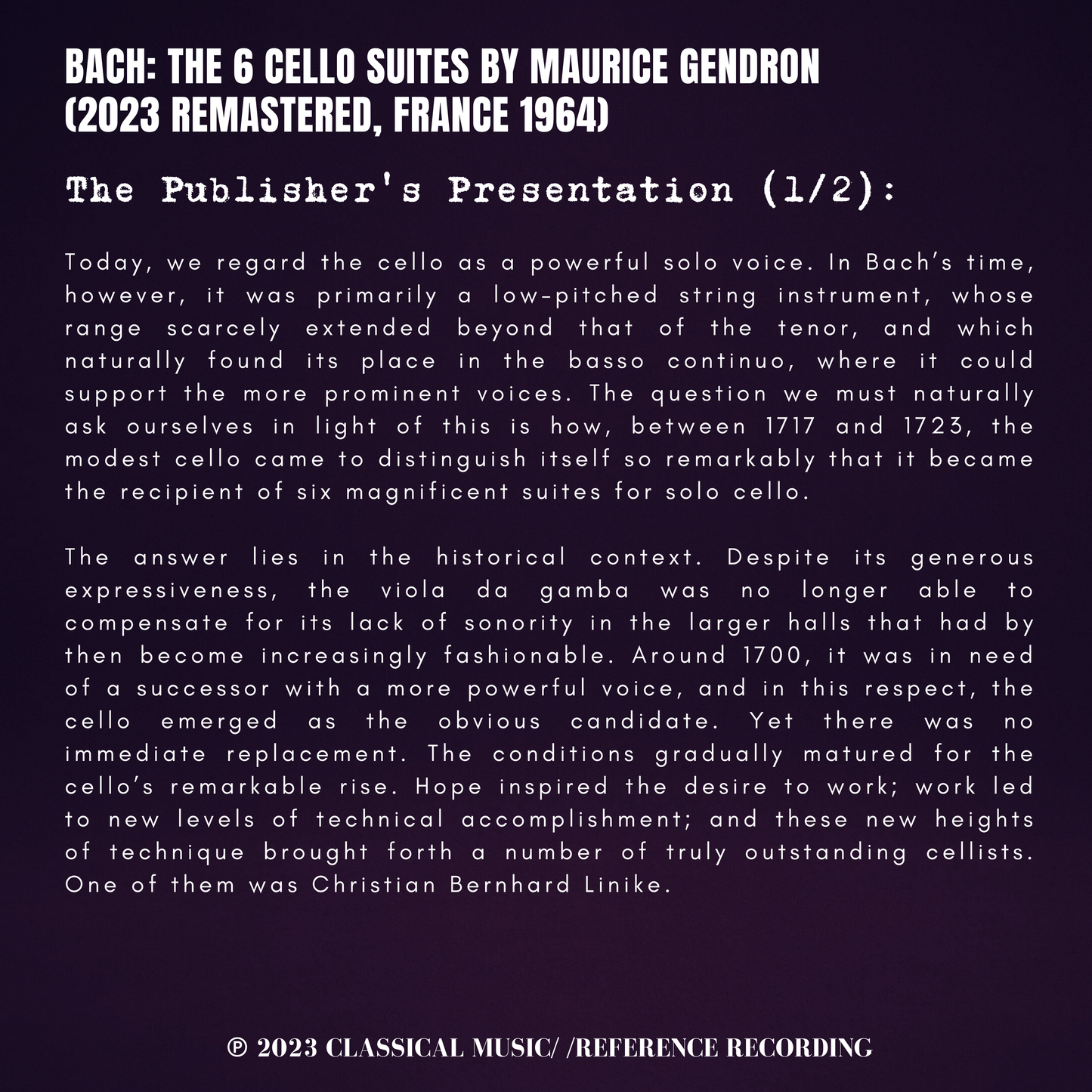Bach: The 6 Cello Suites by Maurice Gendron (2023 Remastered, France 1964)