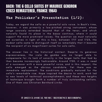 Bach: The 6 Cello Suites by Maurice Gendron (2023 Remastered, France 1964)
