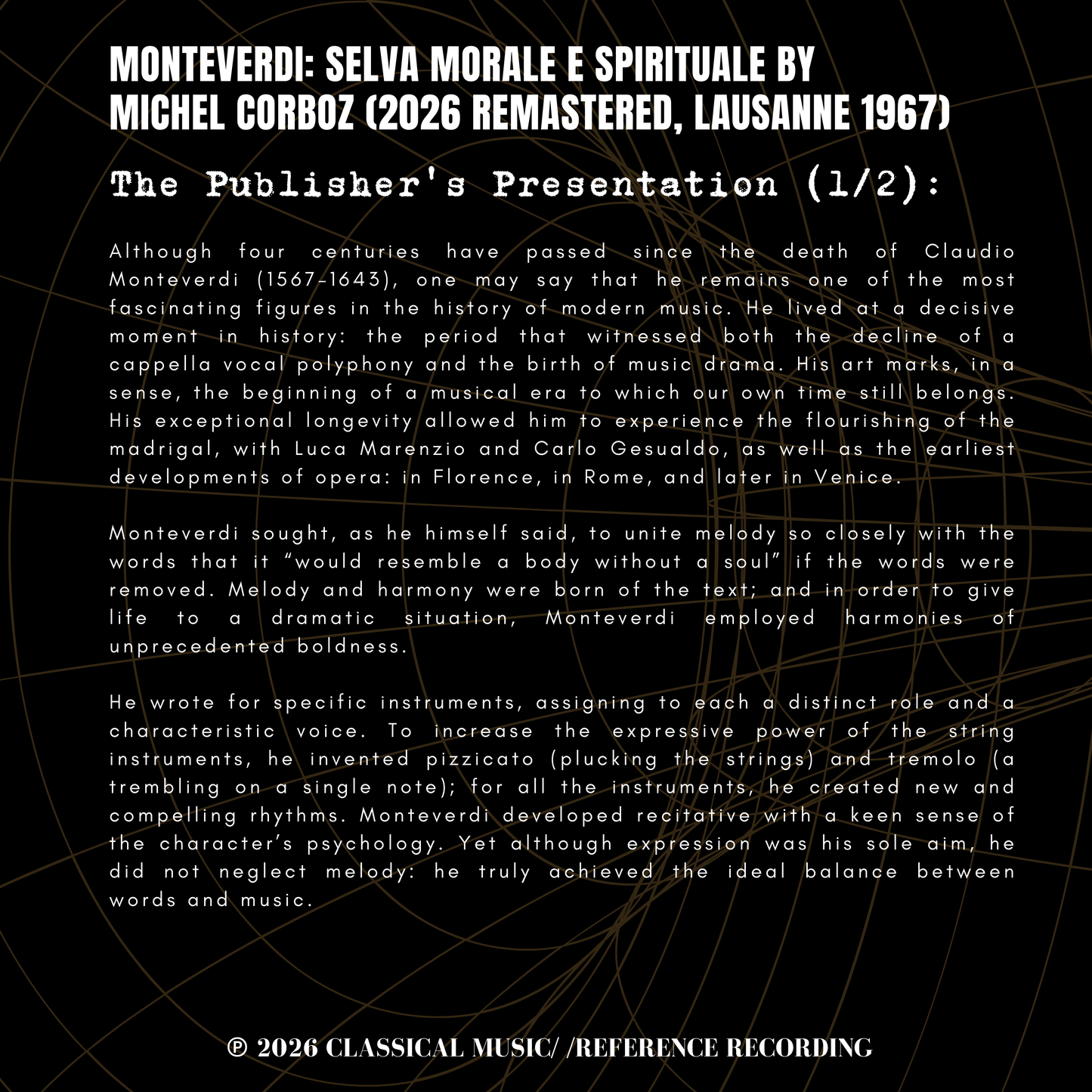 Monteverdi: Selva Morale E Spirituale by Michel Corboz (2026 Remastered, Lausanne 1967) - CMRR Music Publishing