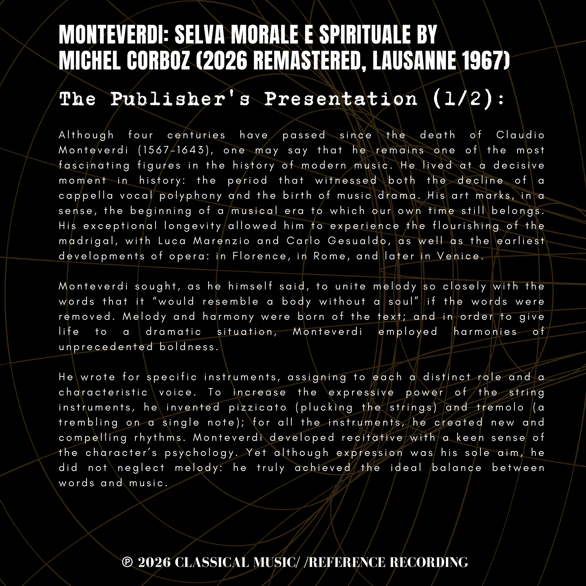Monteverdi: Selva Morale E Spirituale by Michel Corboz (2026 Remastered, Lausanne 1967) - CMRR Music Publishing
