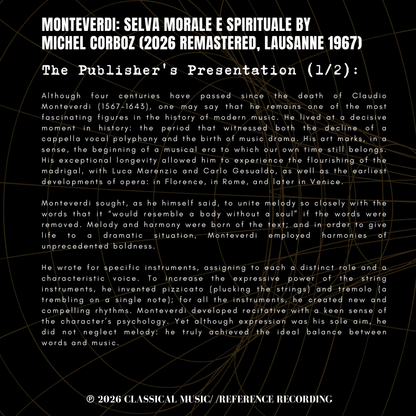Monteverdi: Selva Morale E Spirituale by Michel Corboz (2026 Remastered, Lausanne 1967) - CMRR Music Publishing