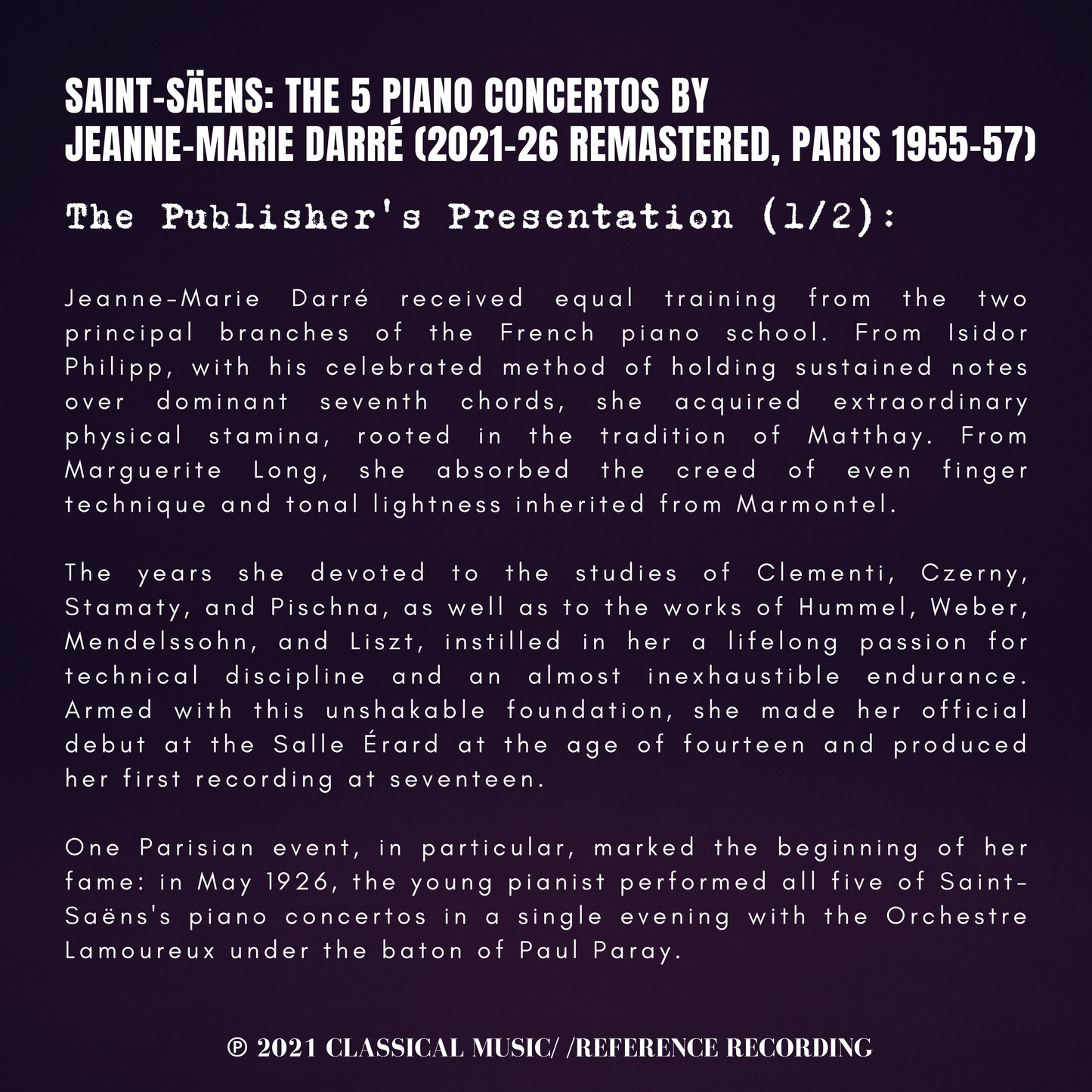 Saint-Säens: The 5 Piano Concertos by Jeanne-Marie Darré (2021-26 Remastered, Paris 1955-57)
