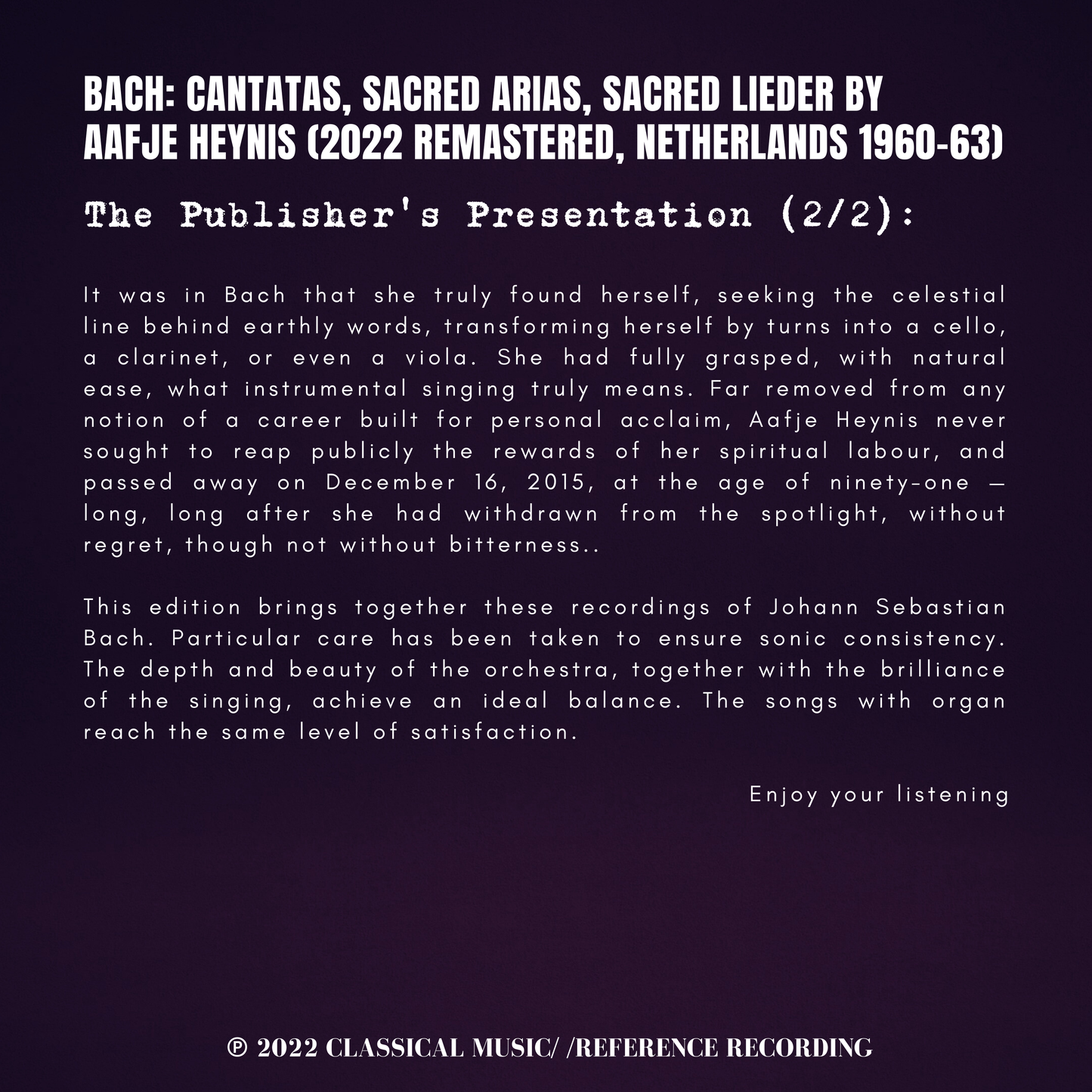 Bach: Cantatas, Sacred Arias, Sacred Lieder by Aafje Heynis (2022 Remastered, Netherlands 1960-63)