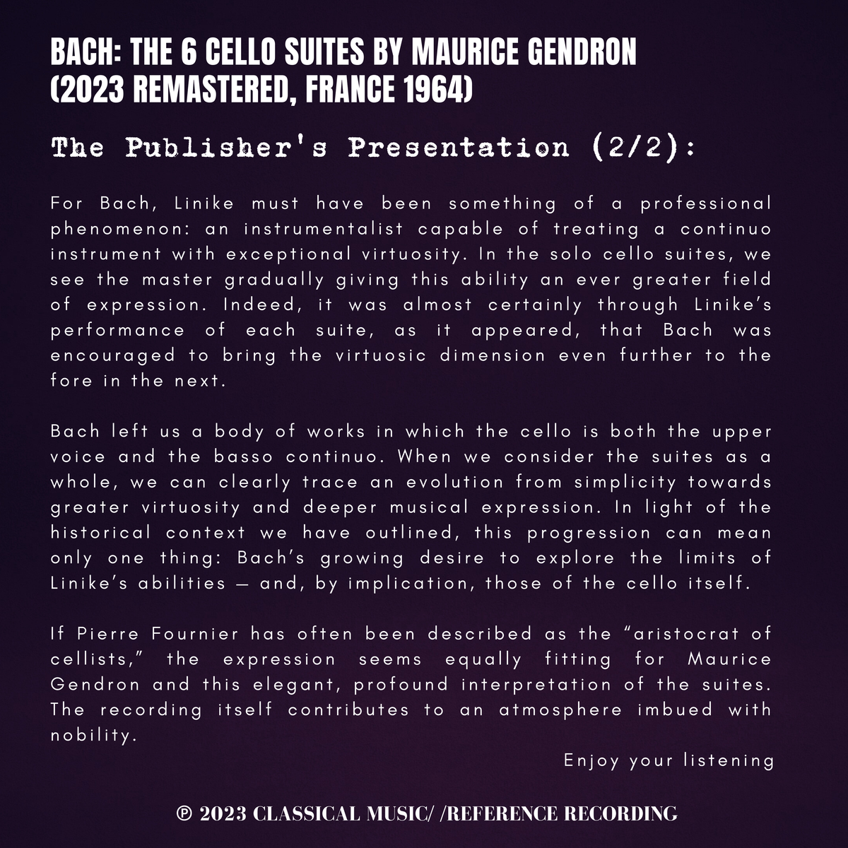 Bach: The 6 Cello Suites by Maurice Gendron (2023 Remastered, France 1964)