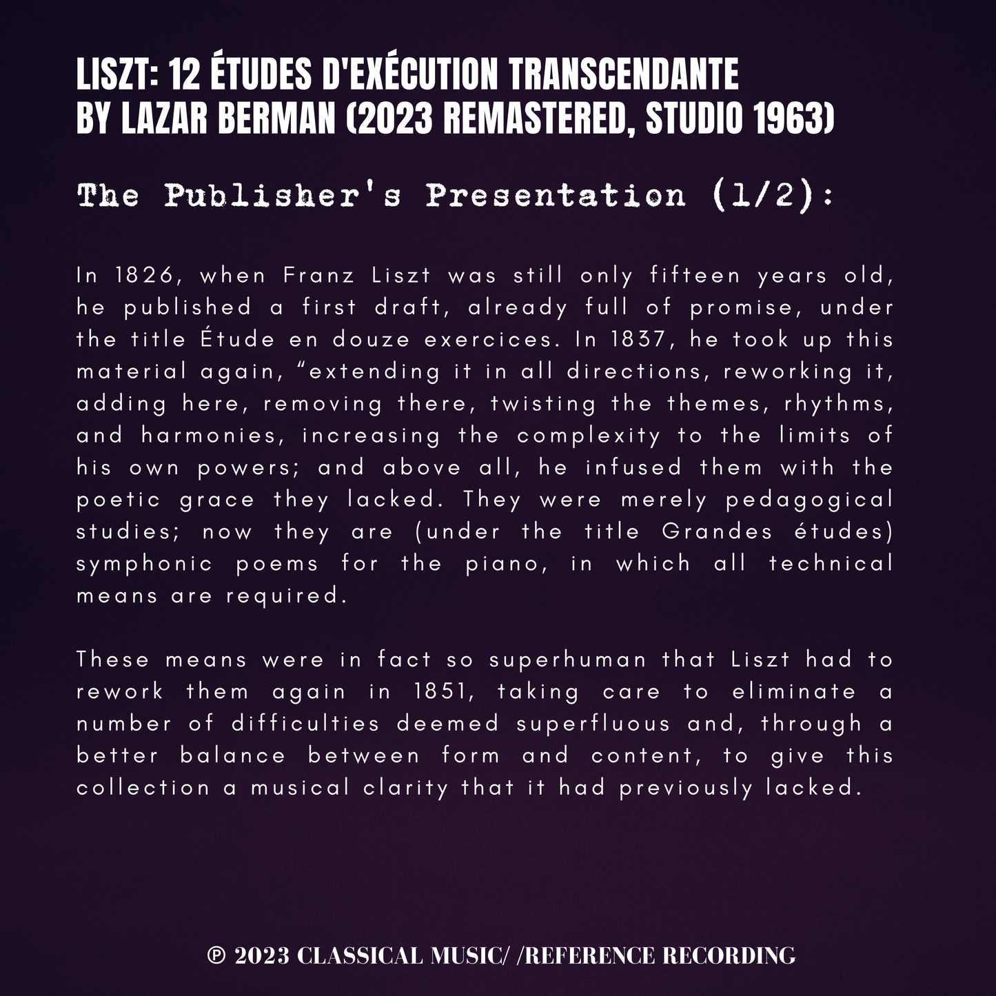 Liszt: 12 Études d'Exécution Transcendante by Lazar Berman (2023 Remastered, Studio 1963) - CMRR Music Publishing