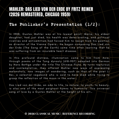 Mahler: Das Lied von der Erde by Fritz Reiner (2026 Remastered, Chicago 1959)