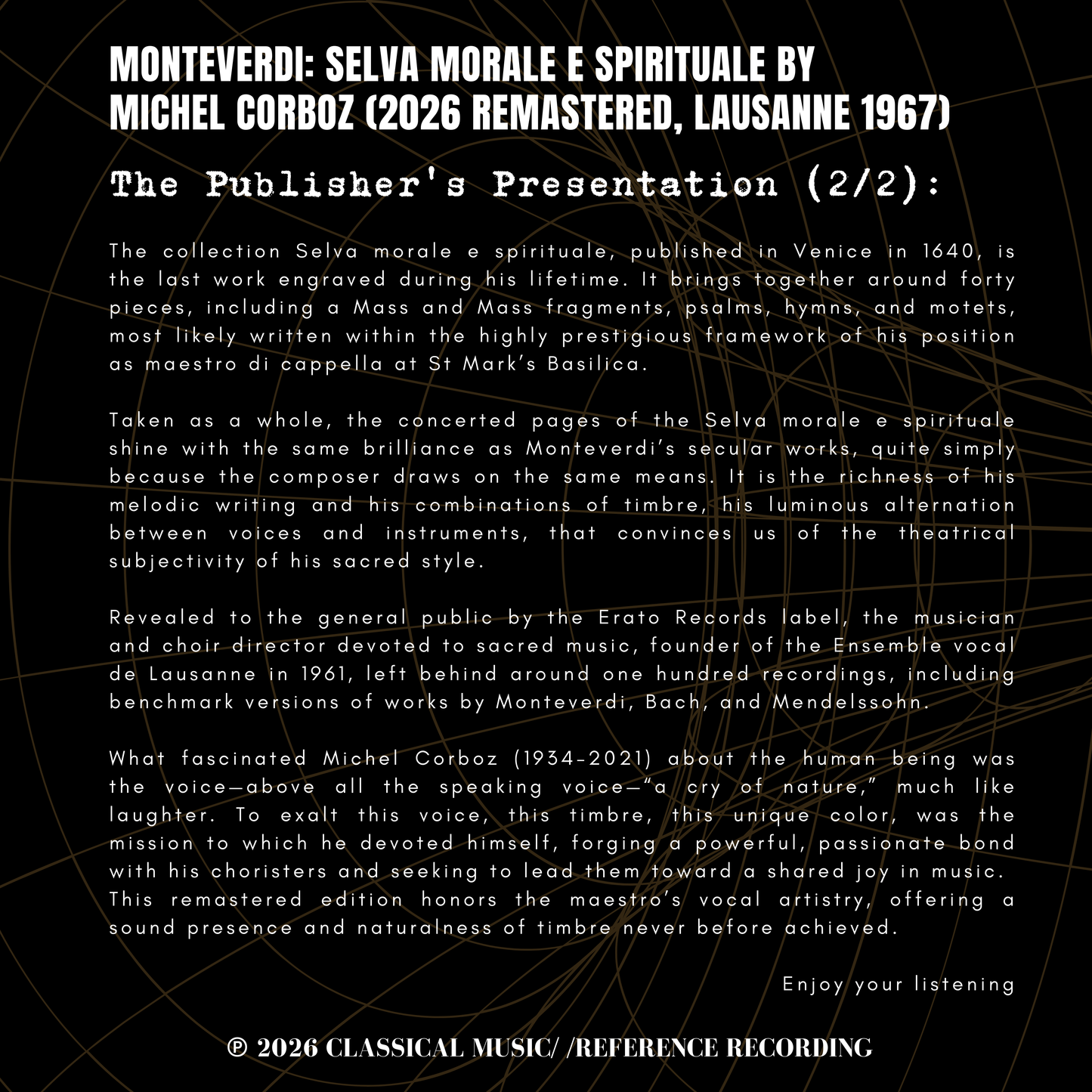 Monteverdi: Selva Morale E Spirituale by Michel Corboz (2026 Remastered, Lausanne 1967) - CMRR Music Publishing