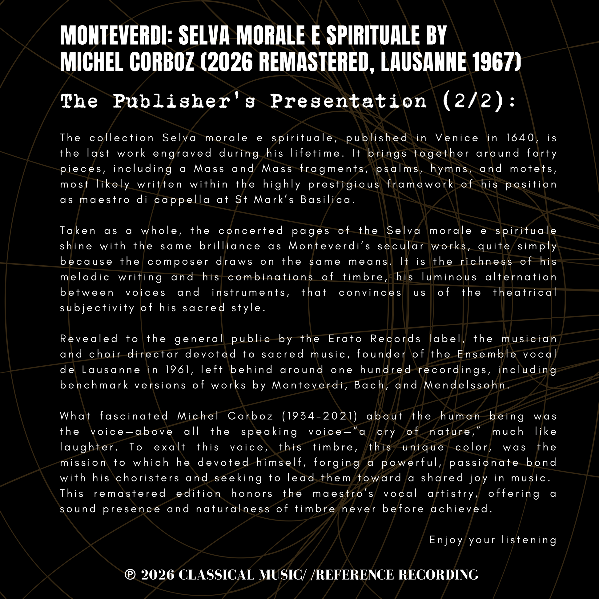 Monteverdi: Selva Morale E Spirituale by Michel Corboz (2026 Remastered, Lausanne 1967) - CMRR Music Publishing