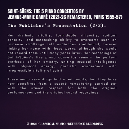 Saint-Säens: The 5 Piano Concertos by Jeanne-Marie Darré (2021-26 Remastered, Paris 1955-57)
