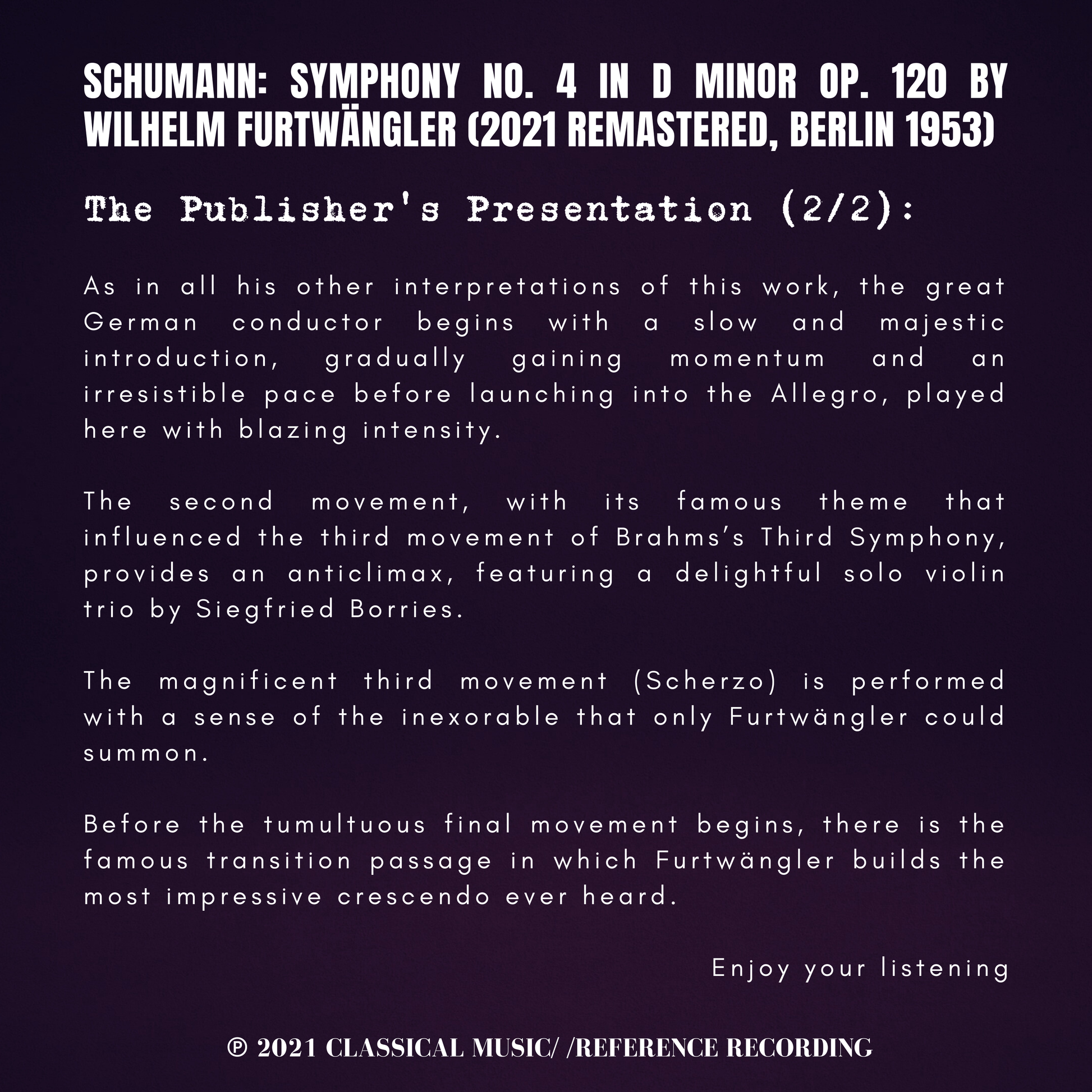 Schumann: Symphony No. 4 in D minor Op. 120 by Wilhelm Furtwängler (2021-25 Remastered, Berlin 1953) - CMRR Music Publishing