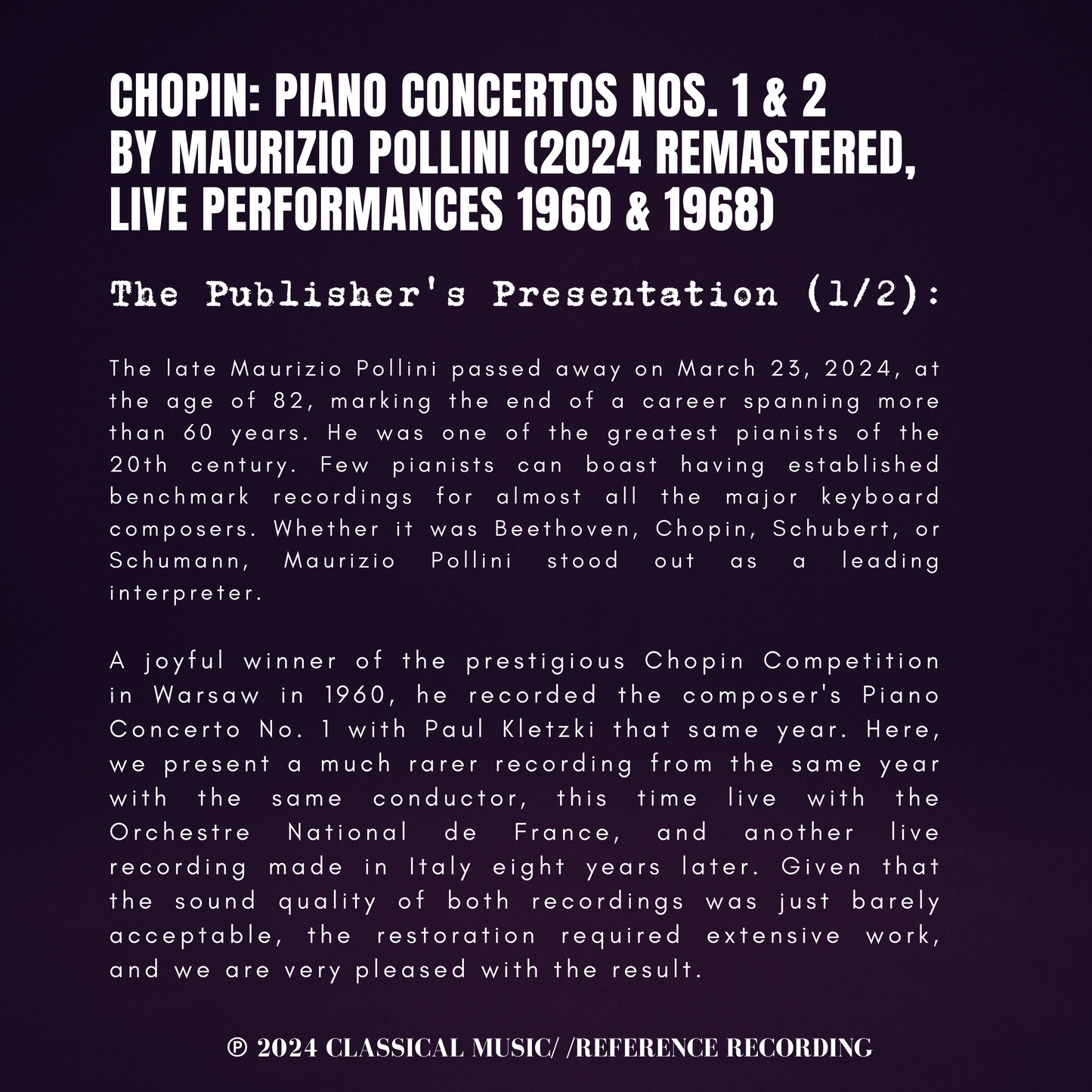 Chopin: Piano Concertos Nos. 1 & 2 by Maurizio Pollini (2024 Remastered, Live Performances 1960 & 1968)