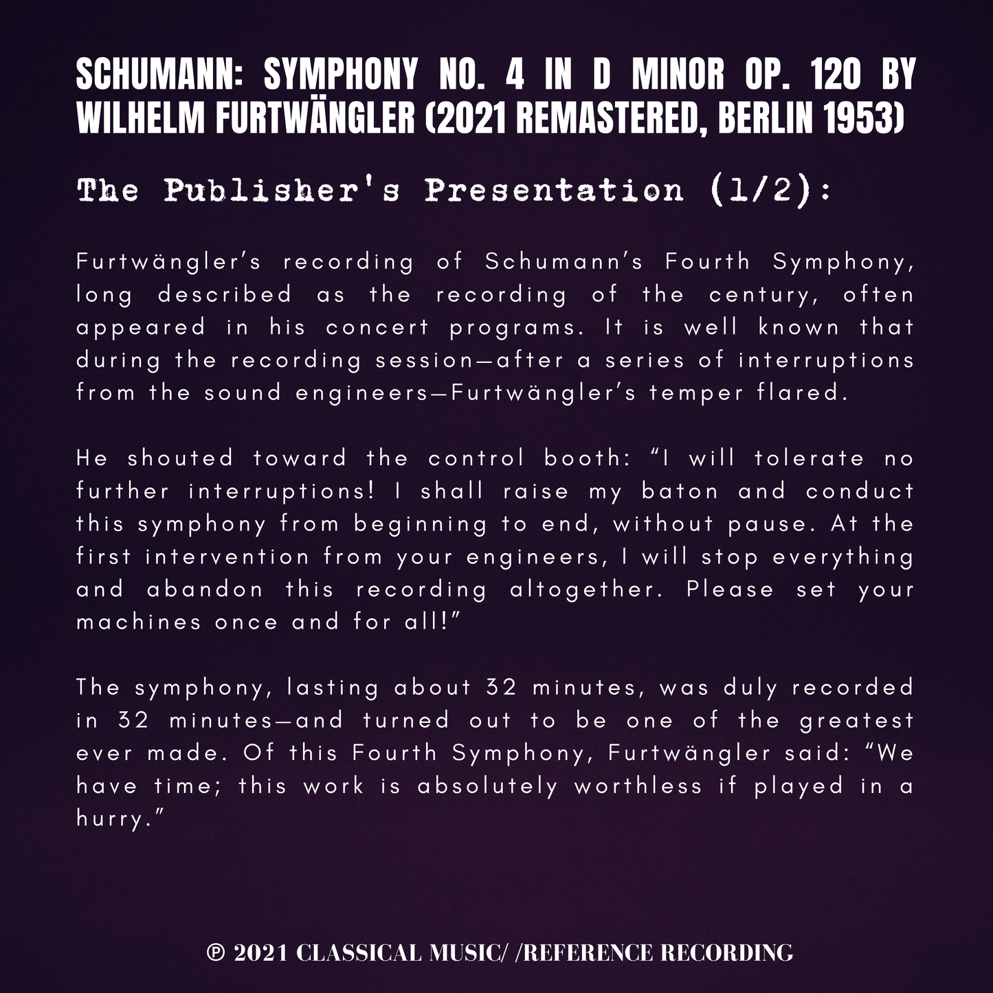 Schumann: Symphony No. 4 in D minor Op. 120 by Wilhelm Furtwängler (2021-25 Remastered, Berlin 1953)