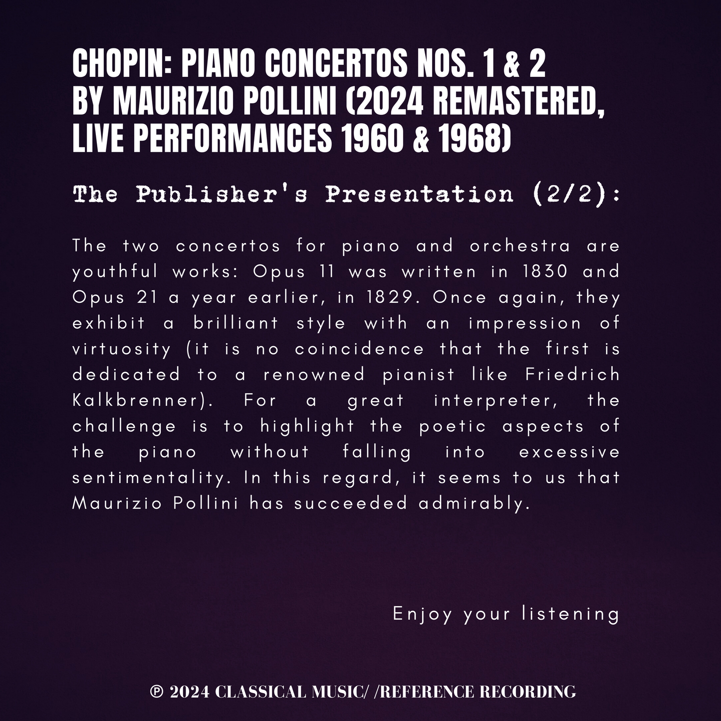 Chopin: Piano Concertos Nos. 1 & 2 by Maurizio Pollini (2024 Remastered, Live Performances 1960 & 1968)