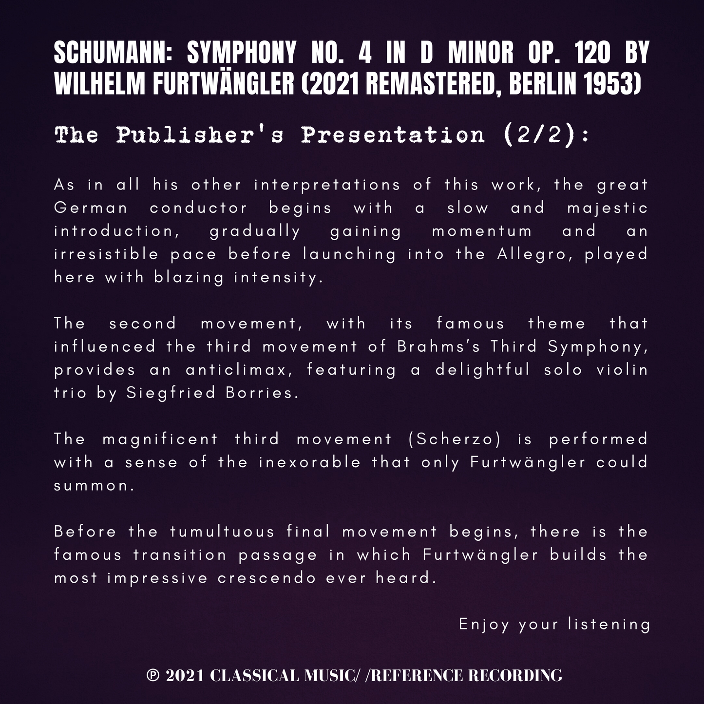Schumann: Symphony No. 4 in D minor Op. 120 by Wilhelm Furtwängler (2021-25 Remastered, Berlin 1953)