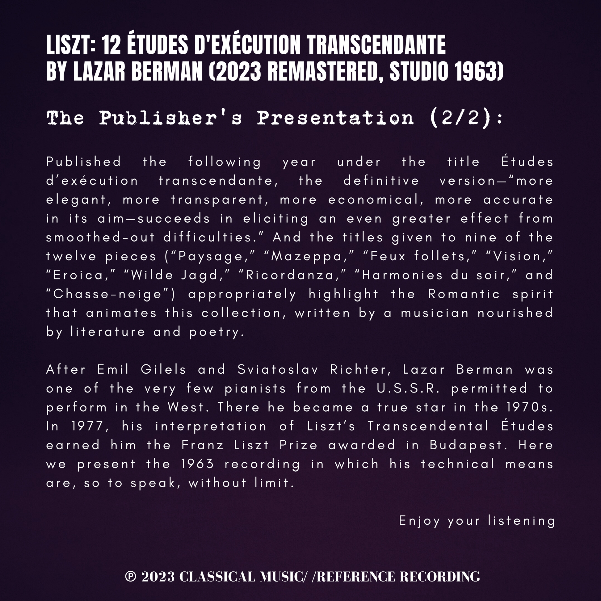 Liszt: 12 Études d'Exécution Transcendante by Lazar Berman (2023 Remastered, Studio 1963) - CMRR Music Publishing