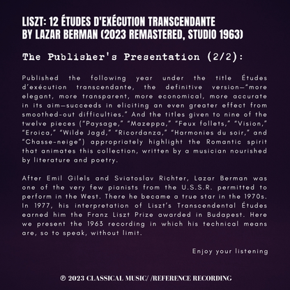 Liszt: 12 Études d'Exécution Transcendante by Lazar Berman (2023 Remastered, Studio 1963) - CMRR Music Publishing