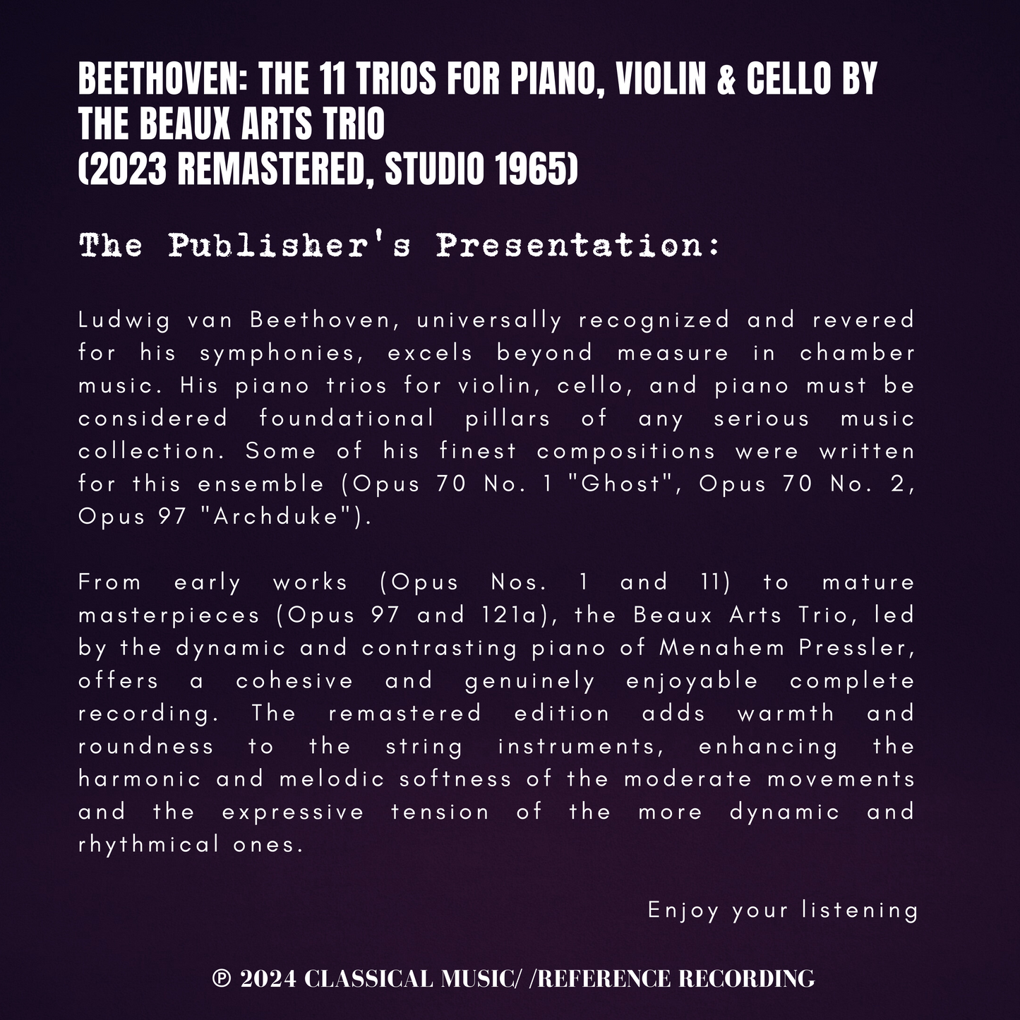 Beethoven: The 11 Trios for Piano, Violin & Cello by the Beaux Arts Trio (2023 Remastered, Studio 1965) - CMRR Music Publishing