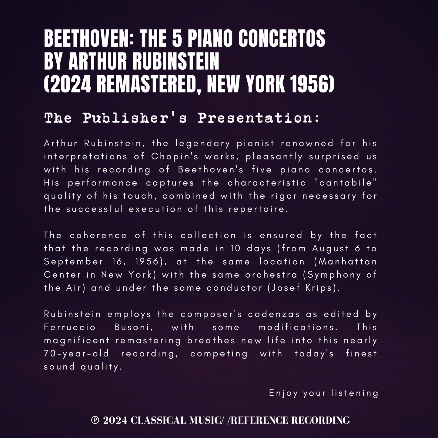 Beethoven: The 5 Piano Concertos by Arthur Rubinstein (2024 Remastered, New York 1956)