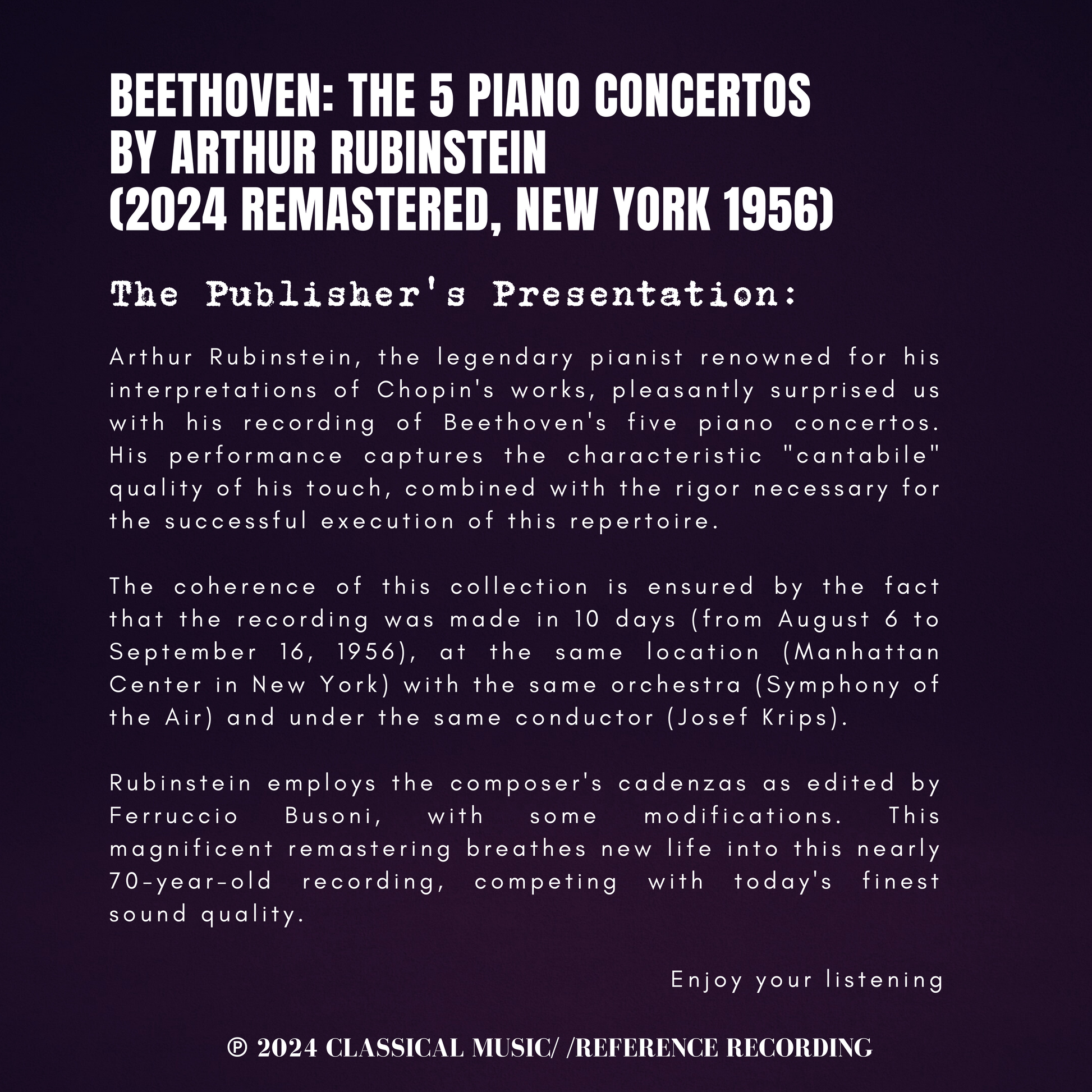 Beethoven: The 5 Piano Concertos by Arthur Rubinstein (2024 Remastered, New York 1956) - CMRR Music Publishing