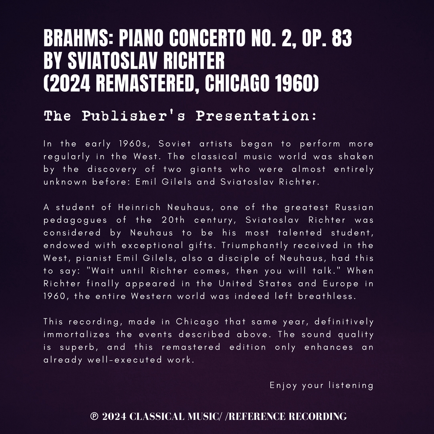 Brahms: Piano Concerto No. 2, Op. 83 by Sviatoslav Richter (2024 Remastered, Chicago 1960)