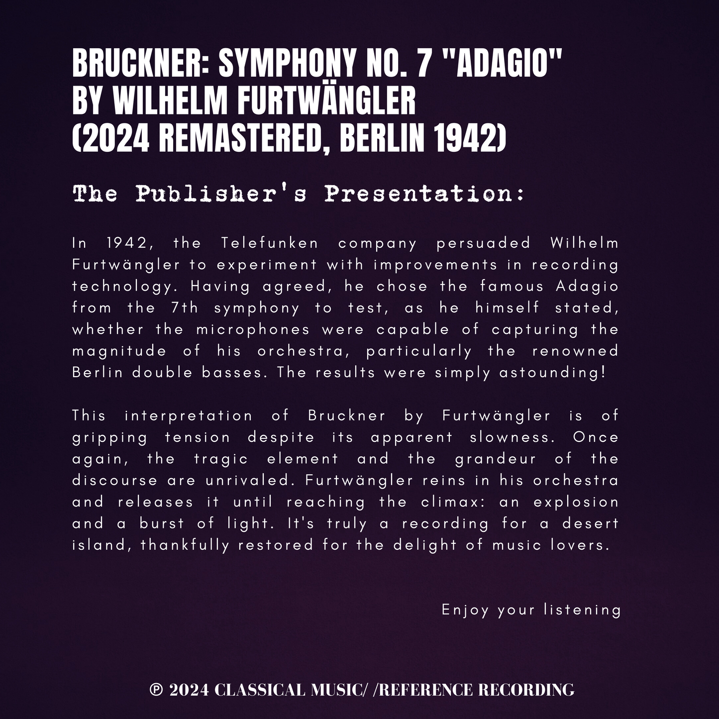 Bruckner: Symphony No. 7 "Adagio"  by Wilhelm Furtwängler (2024 Remastered, Berlin 1942)