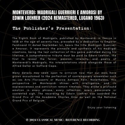 Monteverdi: Madrigali Guerrieri e Amorosi by Edwin Loehrer (2024 Remastered, Lugano 1963)