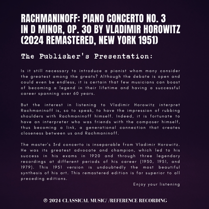 Rachmaninoff: Piano Concerto No. 3 in D minor, Op. 30 by Vladimir Horowitz (2024 Remastered, New York 1951) - CMRR Music Publishing
