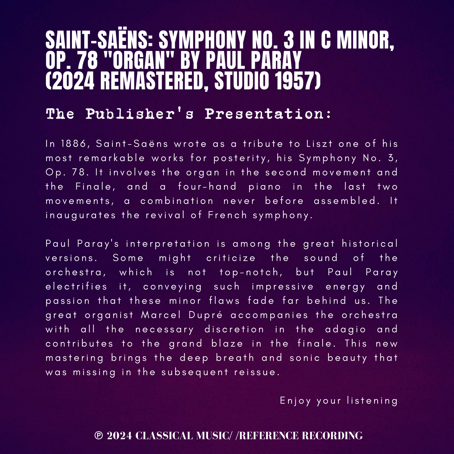 Saint-Saëns: Symphony No. 3 in C Minor, Op. 78 "Organ" by Paul Paray (2024 Remastered, Studio 1957)