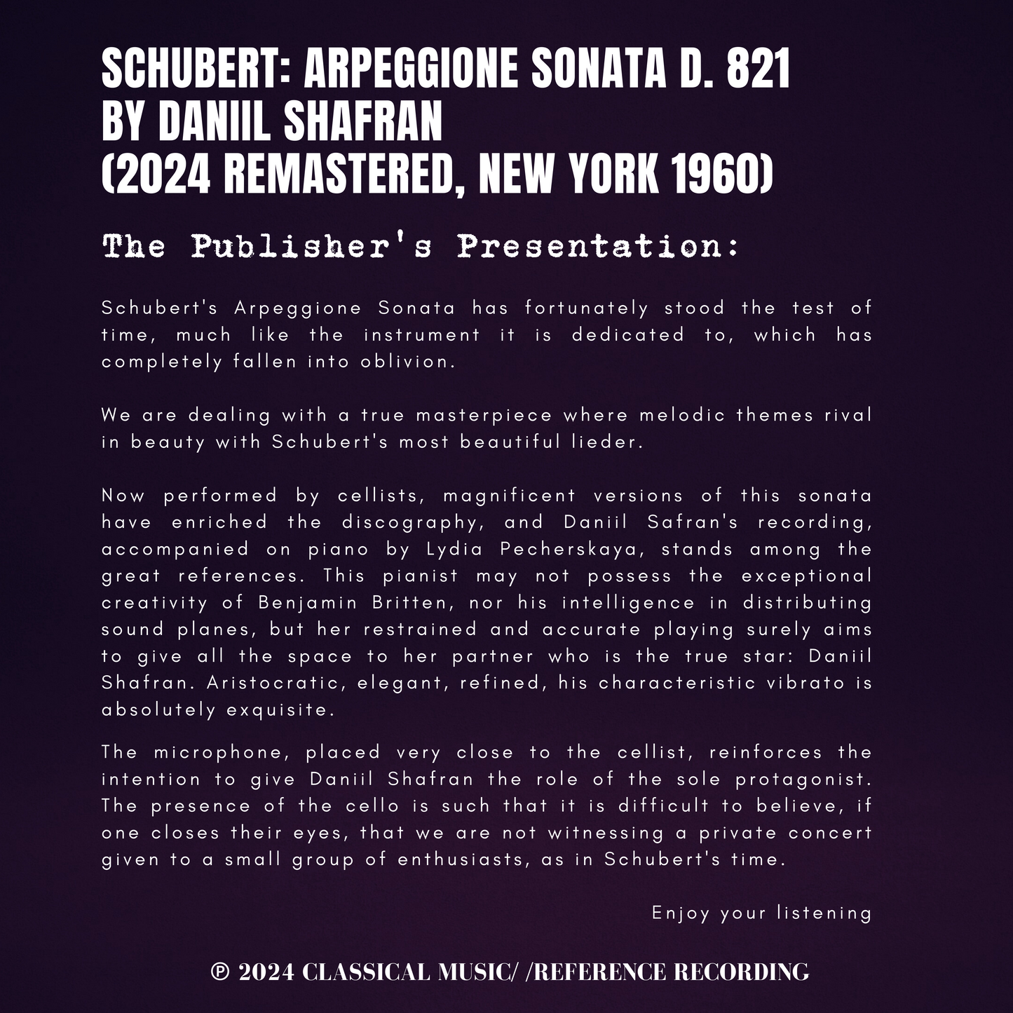 Schubert: Arpeggione Sonata D. 821 by Daniil Shafran (2024 Remastered, New York 1960)