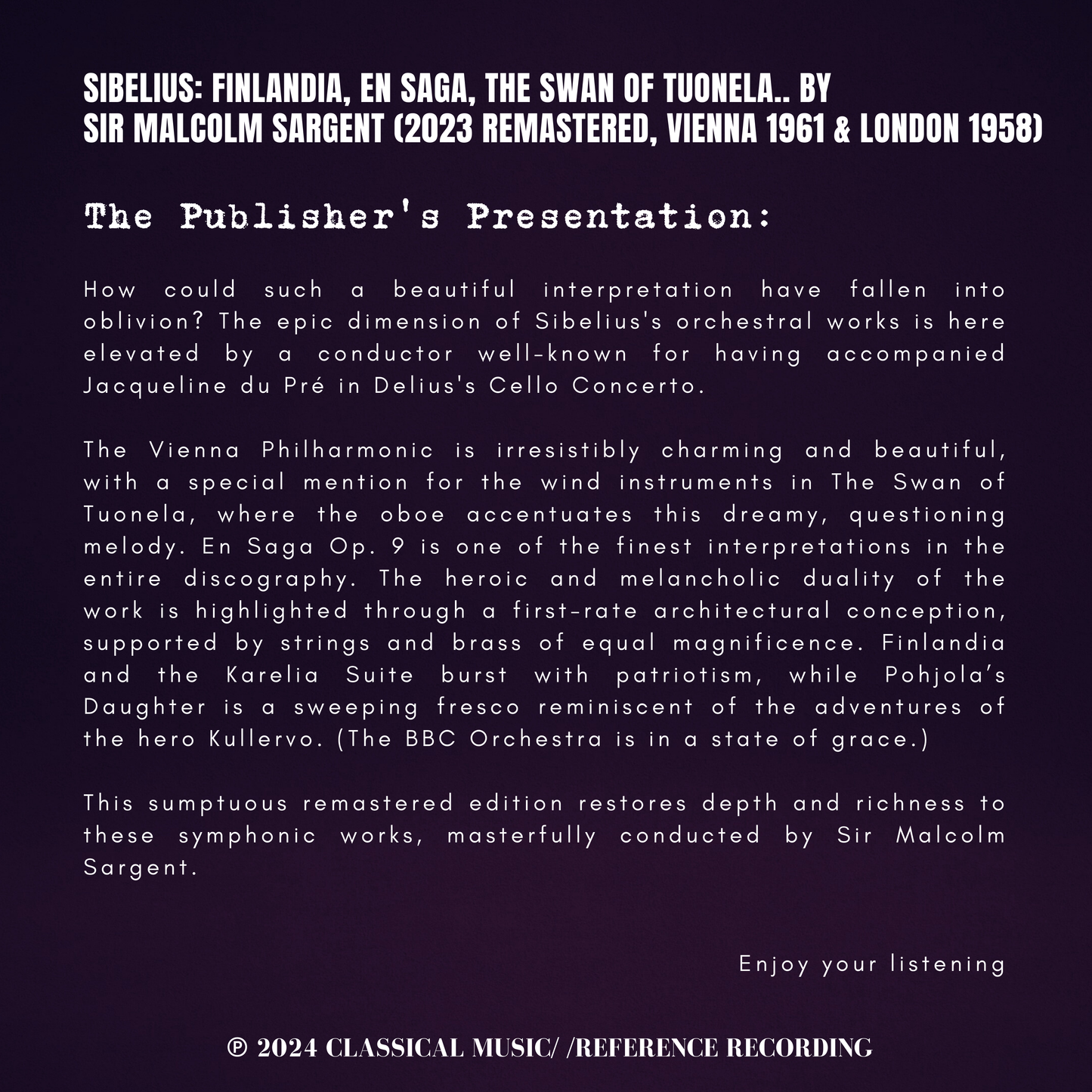 Sibelius: Finlandia, En Saga, The Swan of Tuonela, Karelia Suite, Pohjola's Daughter by Sir Malcolm Sargent (2023 Remastered, Vienna 1961 & London 1958)