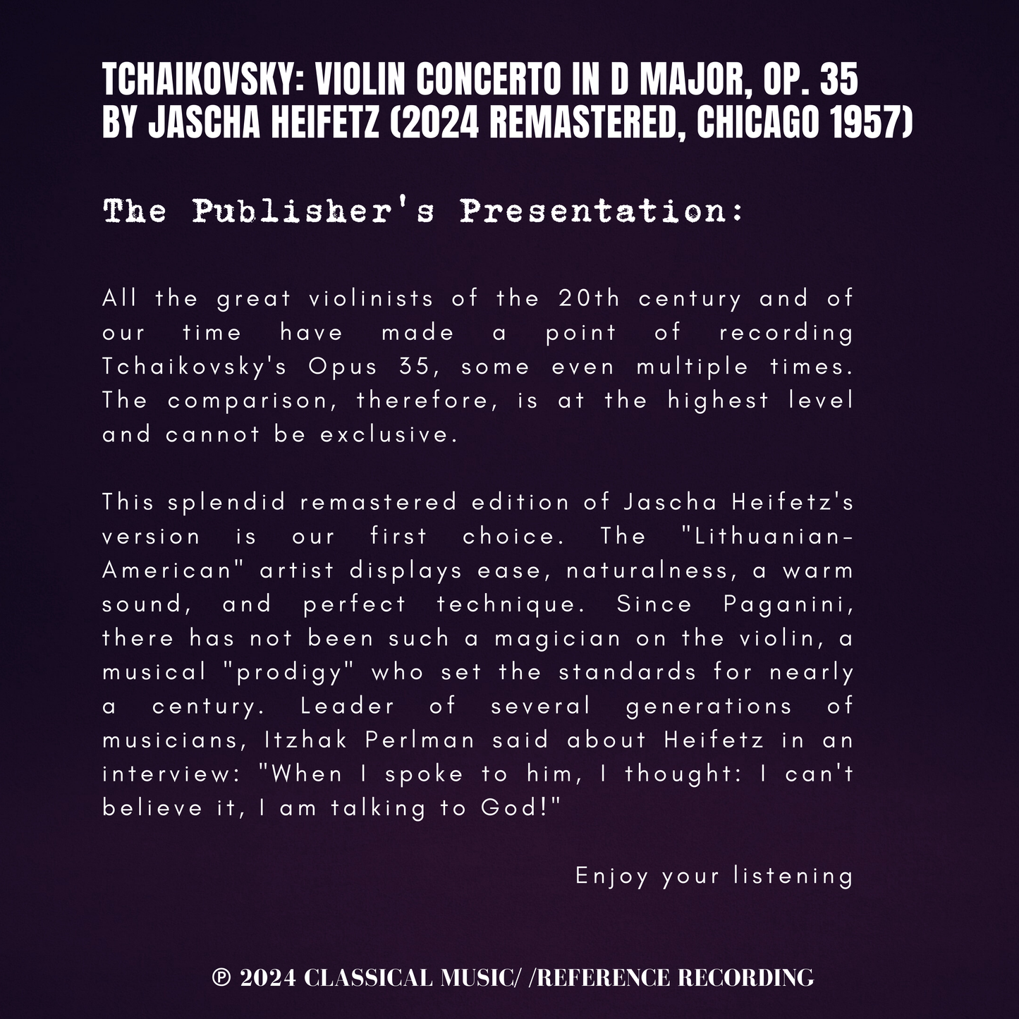 Tchaikovsky: Violin Concerto in D Major, Op. 35 by Jascha Heifetz (2024 Remastered, Chicago 1957)